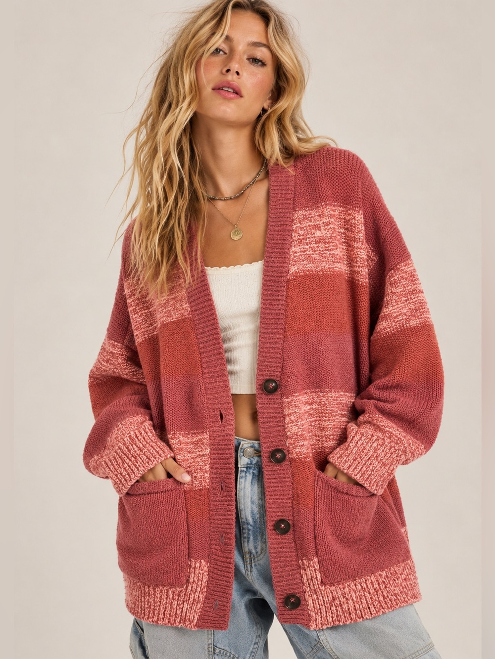 Free People Southport Beach Cardigan Blushes Combo Pink Striped Oversized XS